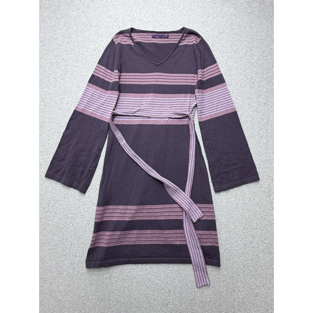 PrAna Sweater Dress Womens Medium Purple Striped Belted V Neck Long Sleeve Knit